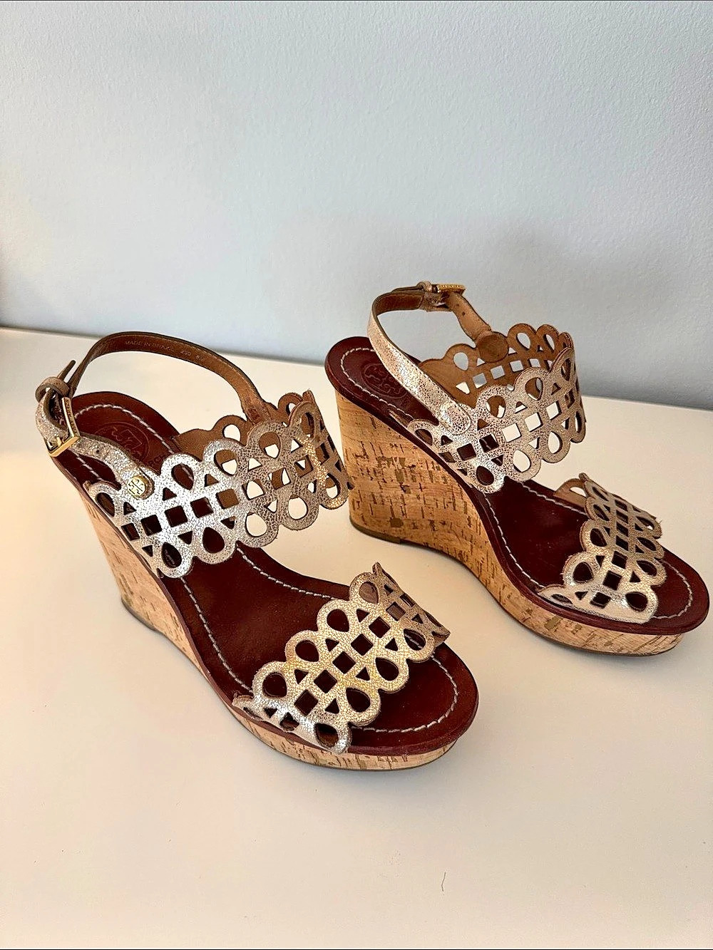 Tory Burch Miller Cutout Wedge Sandals in Brown & Gold